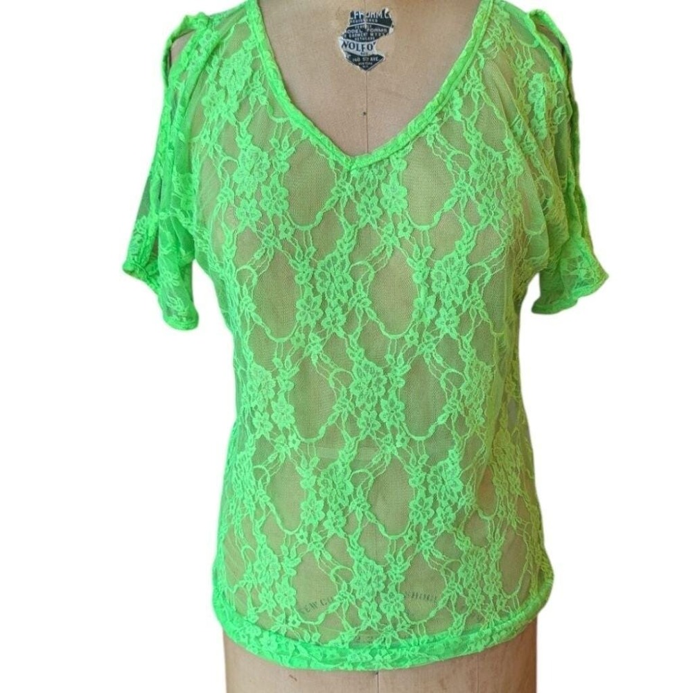 Vtg Y2K Deb Lace Top Neon Green Cold Shoulder V-Neck Sheer Sz S USA Made Bright